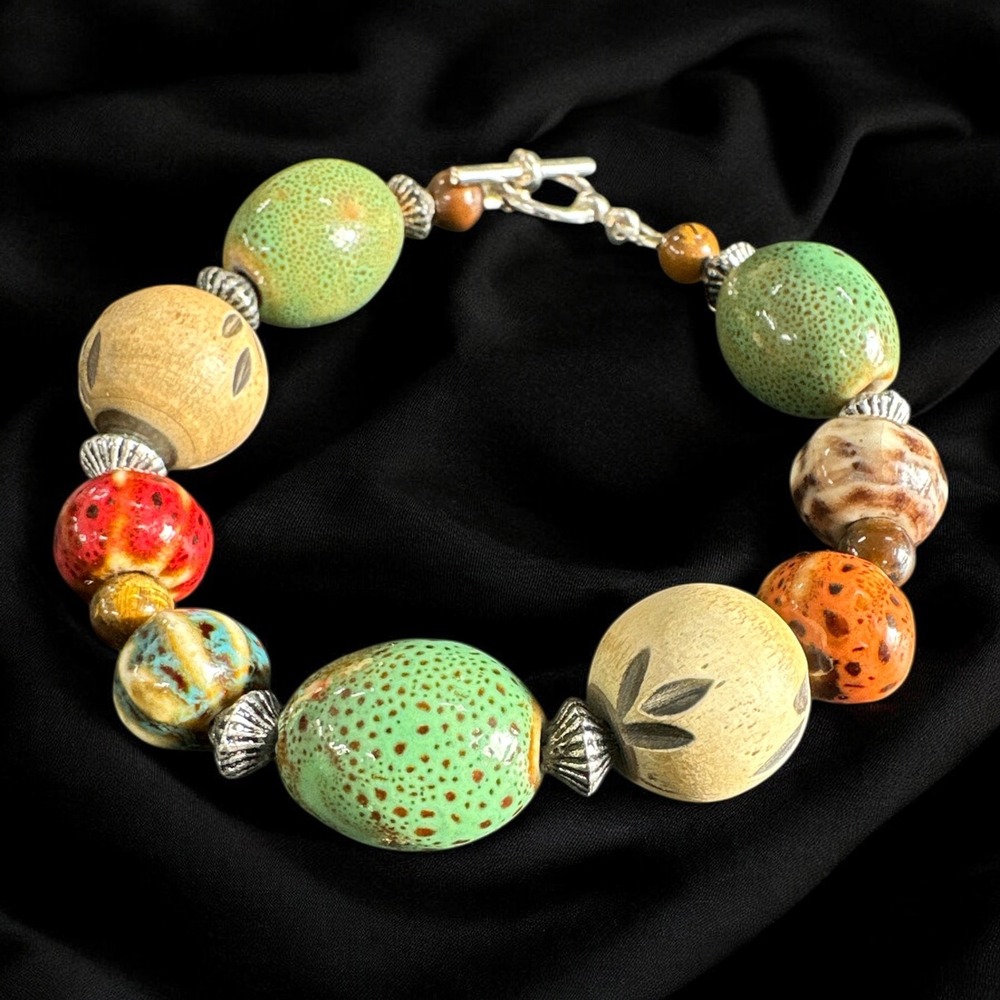 Ceramic Bead Bracelet Fall Colors Toggle Clasp3" Dia NWOT